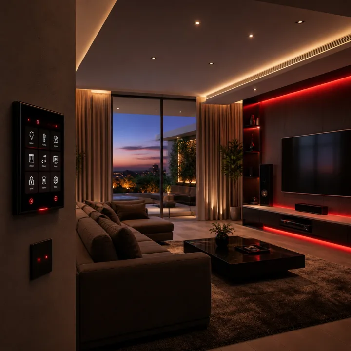 Sala residencial automatizada com iluminação inteligente e cenas de conforto