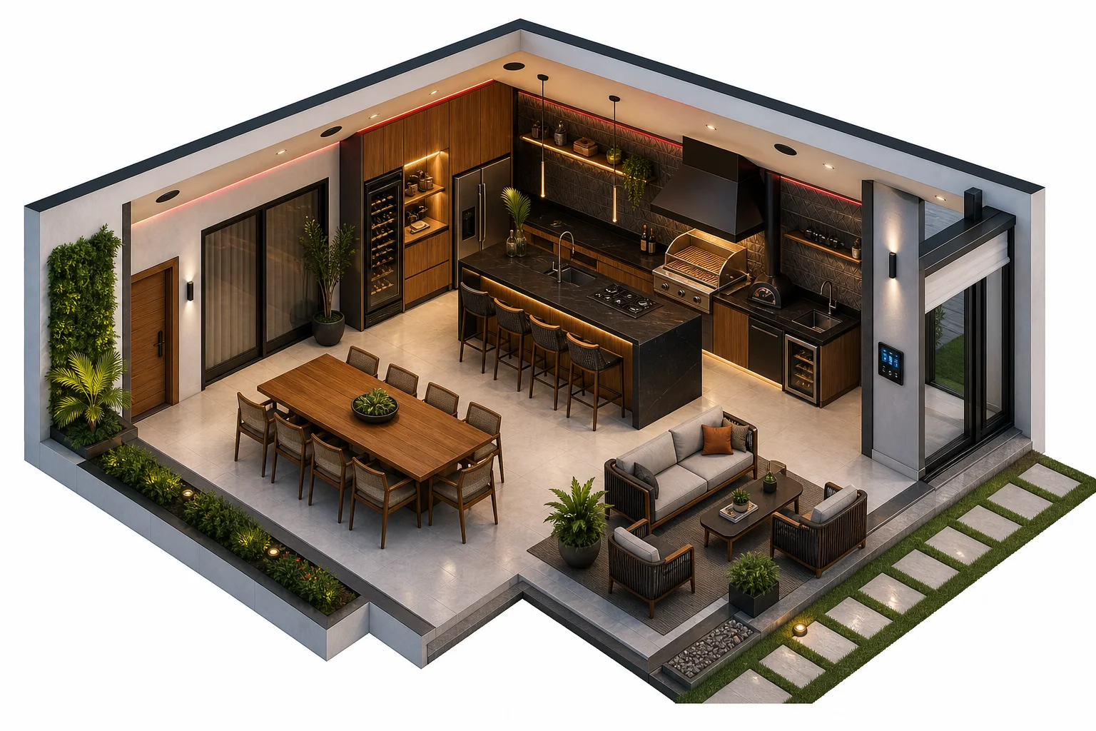 Perspectiva isométrica clara da área gourmet inteligente com churrasqueira, mesa e painel de automação