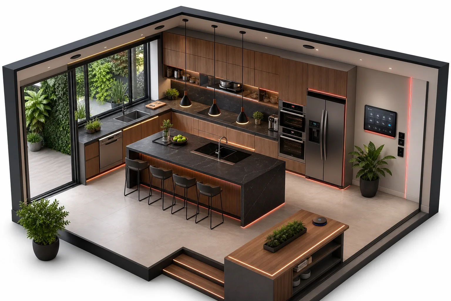 Perspectiva isométrica clara da cozinha inteligente com ilha e painel de automação