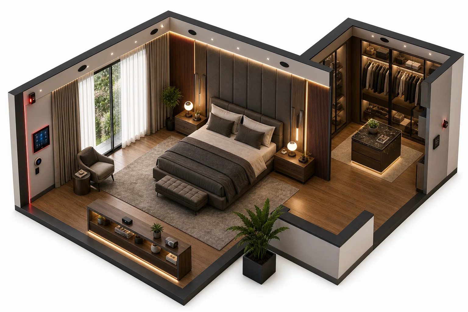 Perspectiva isométrica clara do quarto principal inteligente com automação, cortinas e closet