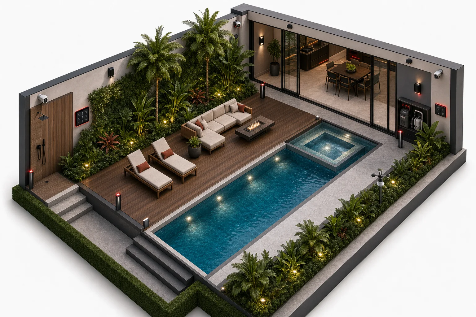 Perspectiva isométrica clara da área externa inteligente com piscina, deck, paisagismo e automação